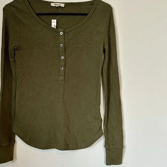 NWT Madewell Olive Green Waffle-Knit Scoopneck Henley Tee - XXS - Picture 7 of 8